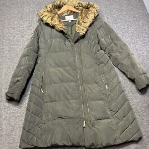 Cole Haan Signature Puffer Parka Womens Large Olive Green Faux Fur Trim Hood